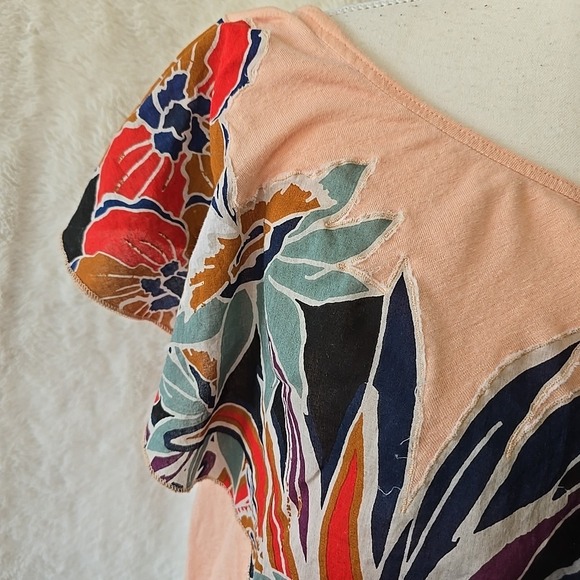 Free People Annka Peach Floral Print One-Shoulder Linen Blend Bubble Top Size L - Picture 3 of 13